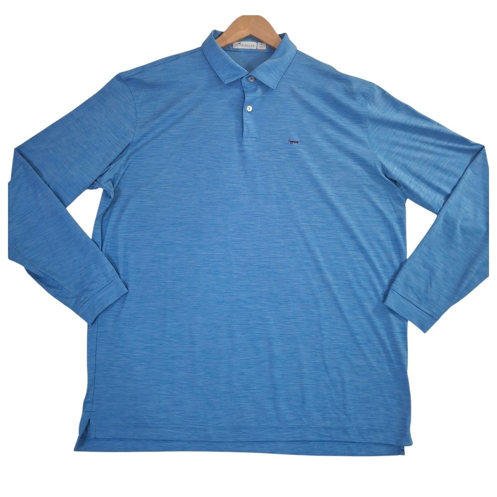Peter Millar Featherweight Long Sleeve Polo Shirt Mens XL Blue Heather UPF 50+